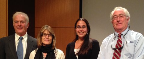 [left to right] Richard Hertzberg; Sylvia M. Evans, PhD; 2013 Hertzberg Fellow Beatriz Freitas, Ph.D., Larry Goldstein, Ph.D.